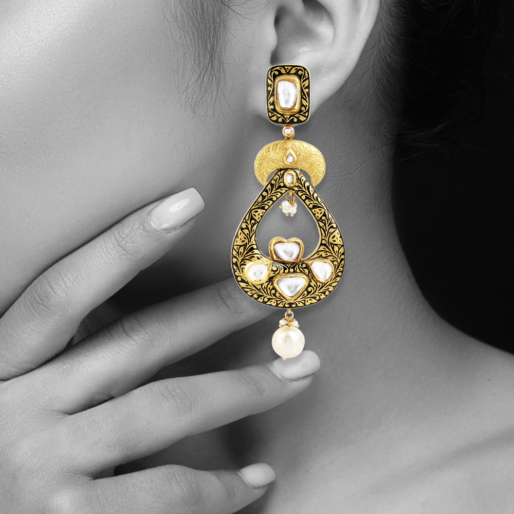 Teardrop Polki Earrings with Partash Work and Pearl Drops